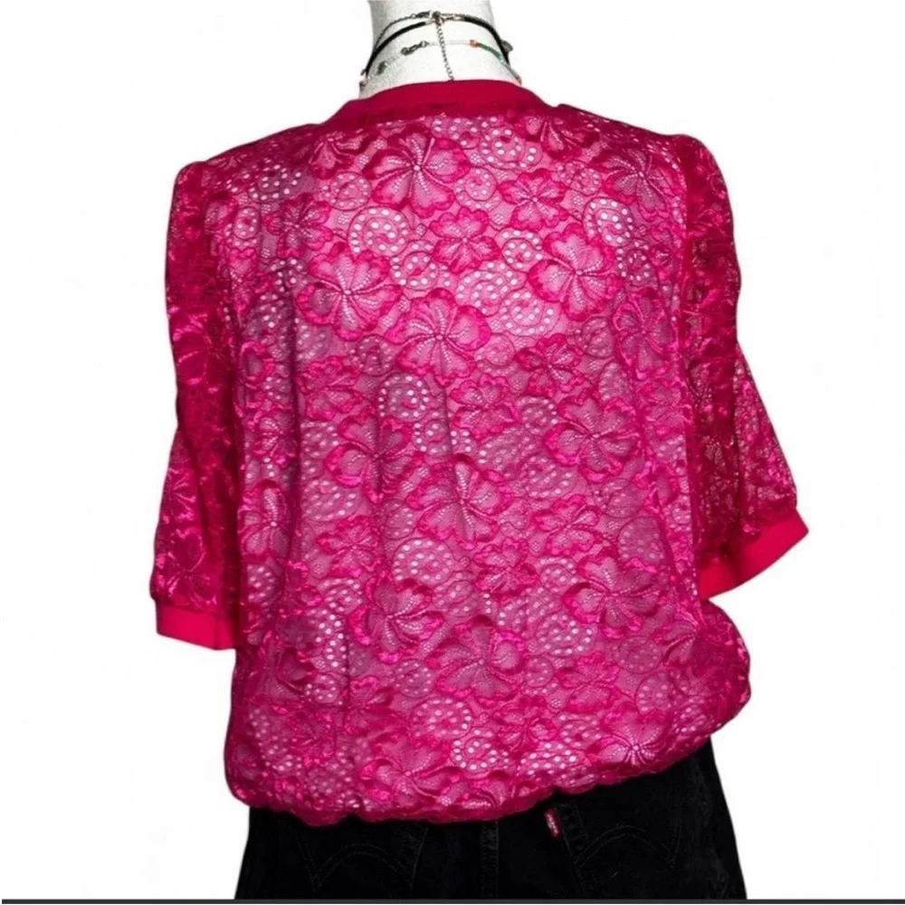 Hot Pink Y2K McBling Japanese Lace Zip-Front T-Shirt Cardigan - Picture 3 of 10